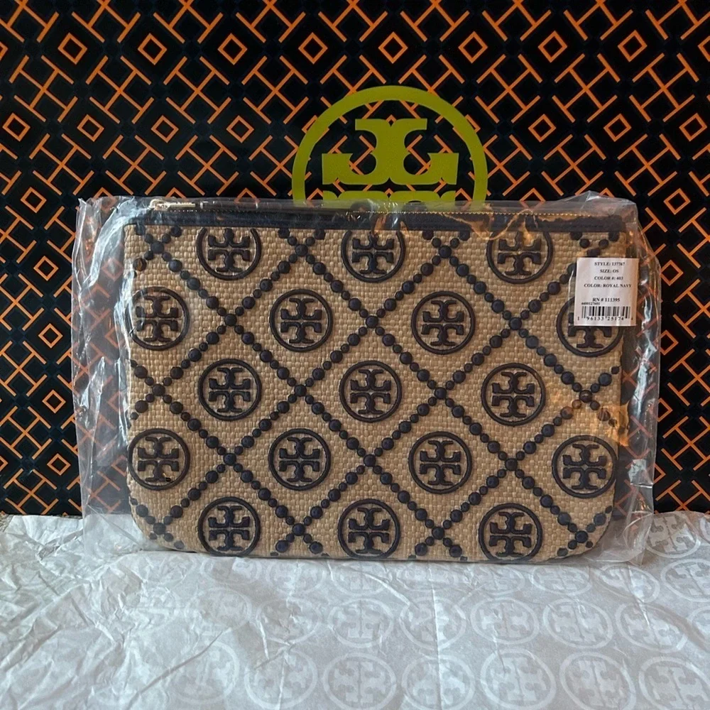 Tory Burch T Monogram Embroidered Straw Pouch Royal Navy